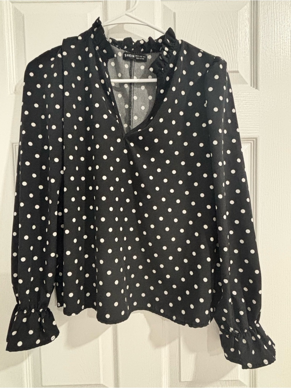 SHEIN Black and White Polka Dot Ruffle-Neck Blouse